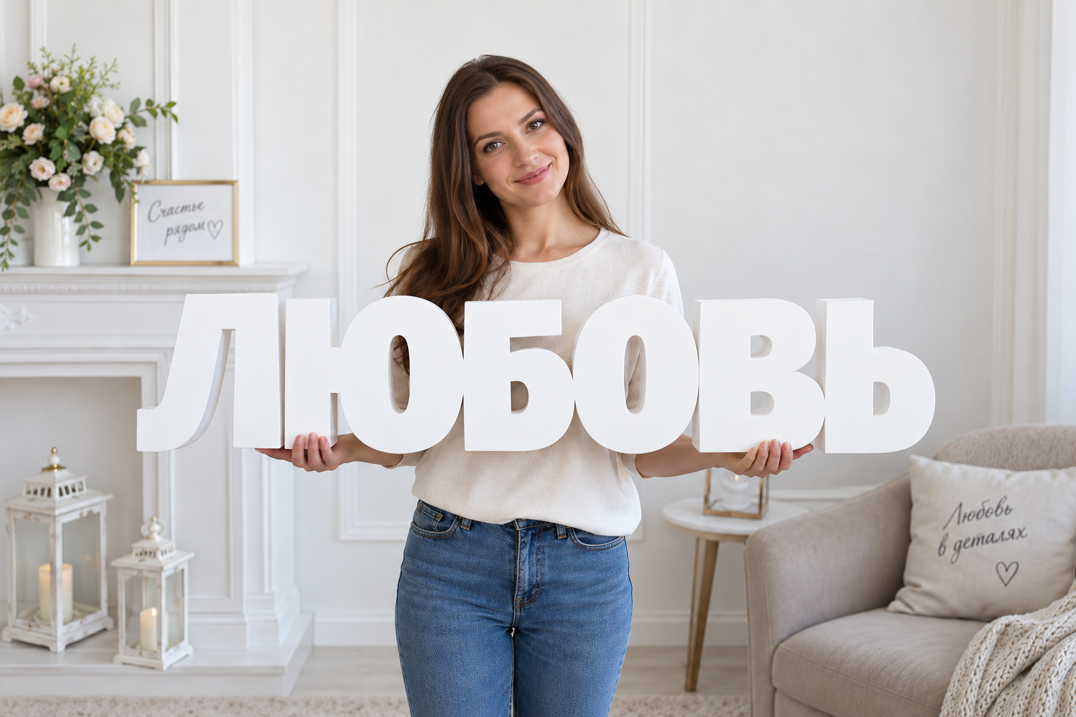 Девушка с объёмными буквами из пенопласта «Любовь»