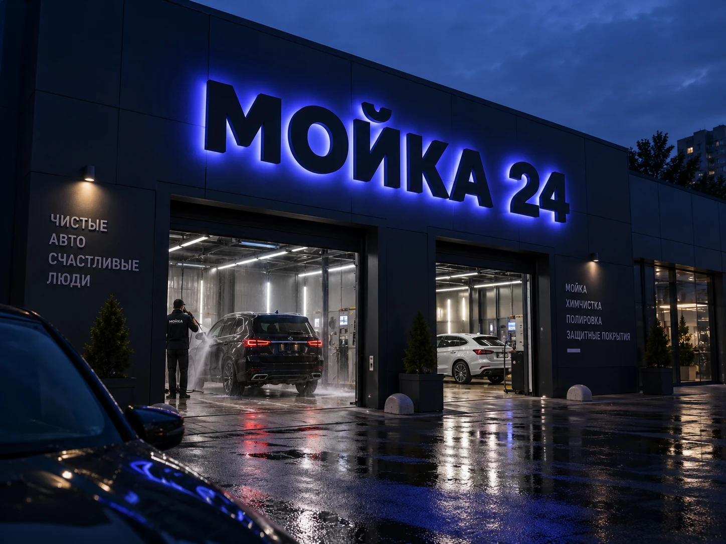 Синие контражурные буквы BACKLIGHT на фасаде автомойки ночью