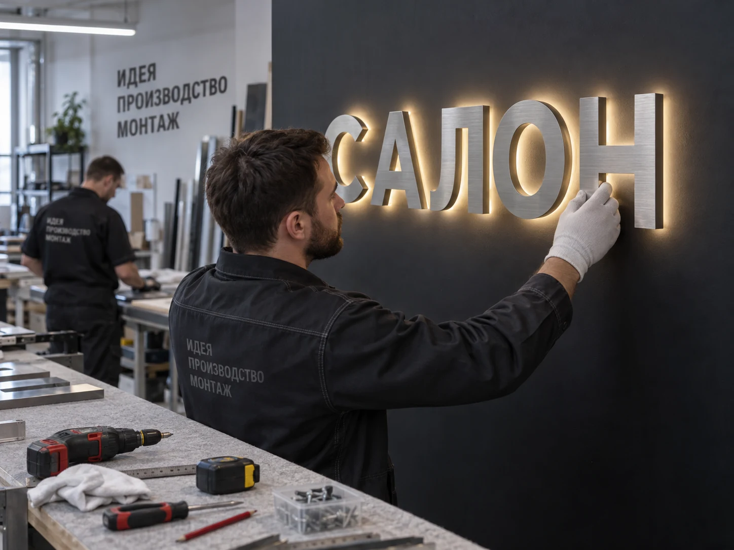 Монтаж объёмных букв BACKLIGHT в производственной мастерской