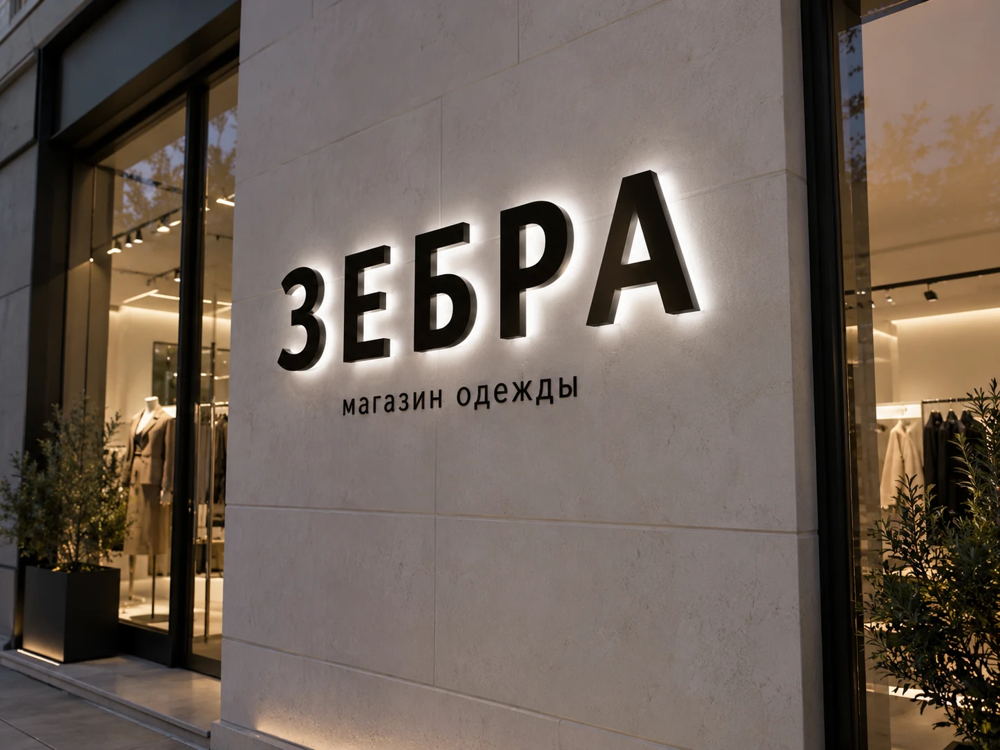 Чёрные буквы с белой задней подсветкой на светлом фасаде магазина