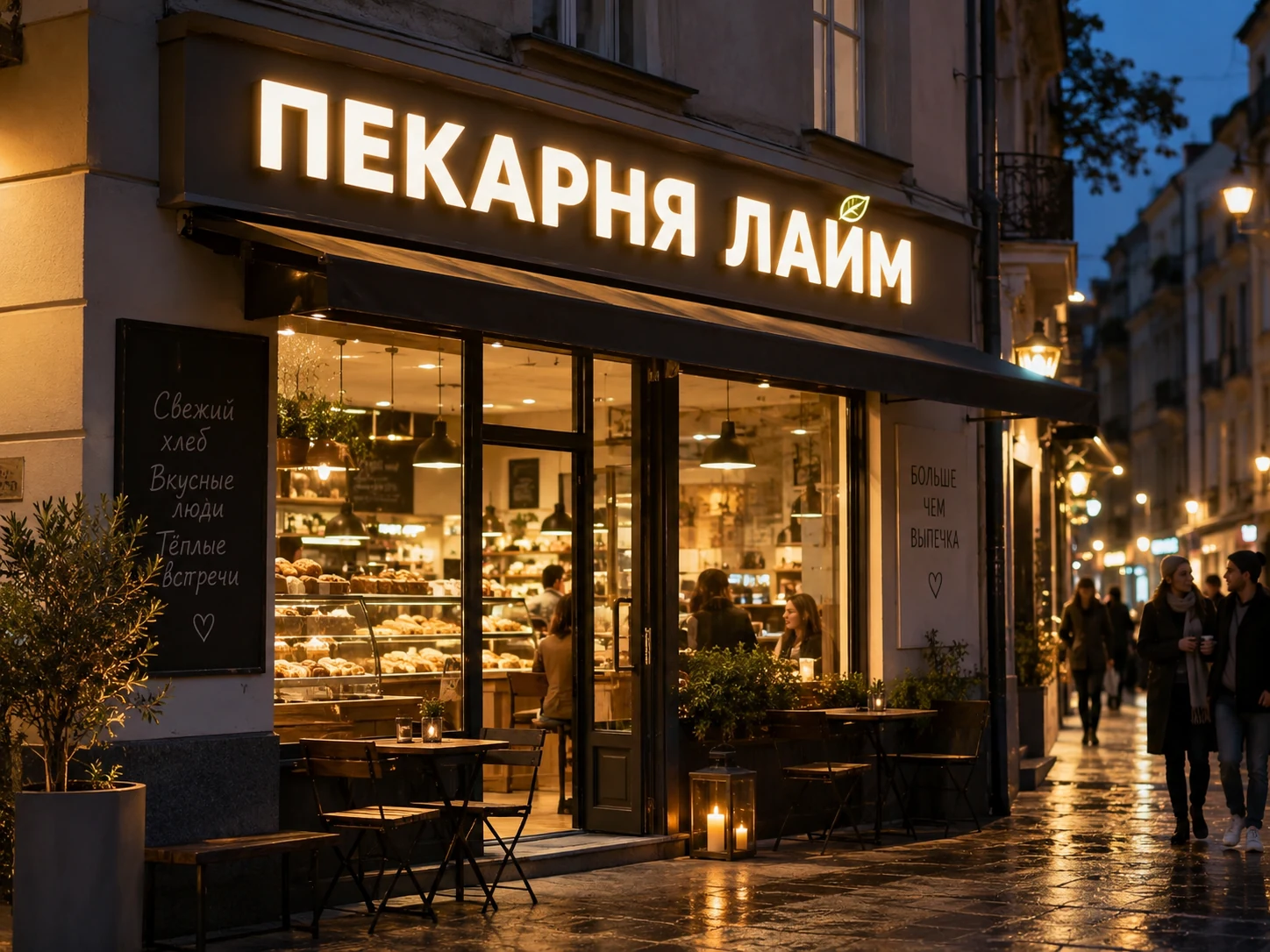 Световые буквы CLASSIC на вечернем фасаде пекарни