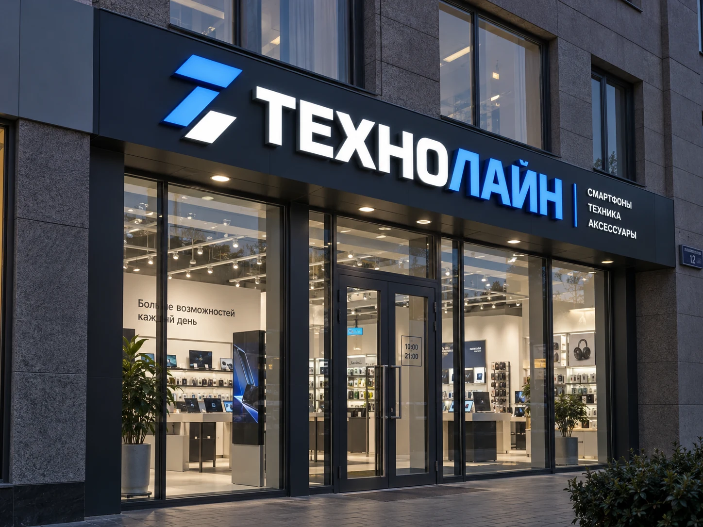 Объёмные световые буквы CLASSIC на фасаде магазина техники
