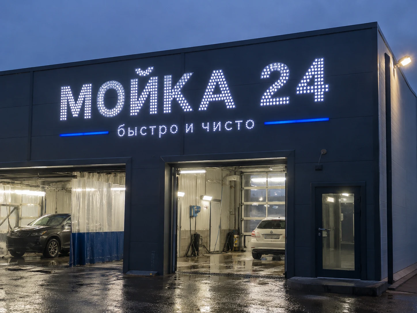 Фасад автомойки с буквами из открытых светодиодов