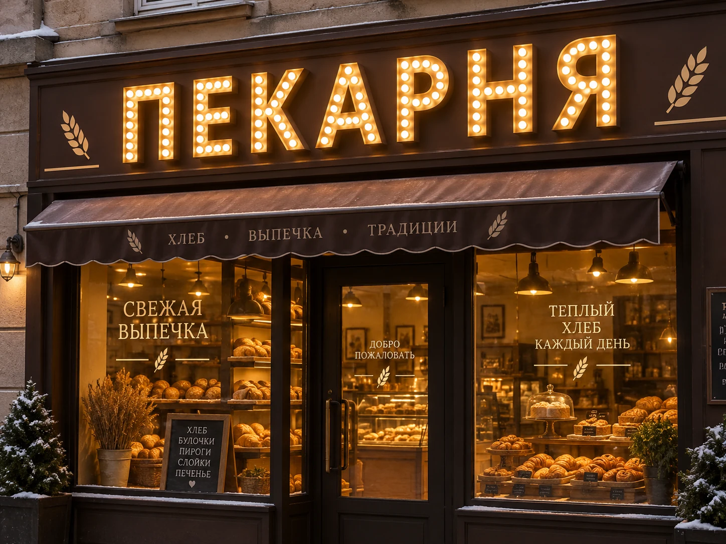 Фасадный короб пекарни с буквами из открытых светодиодов