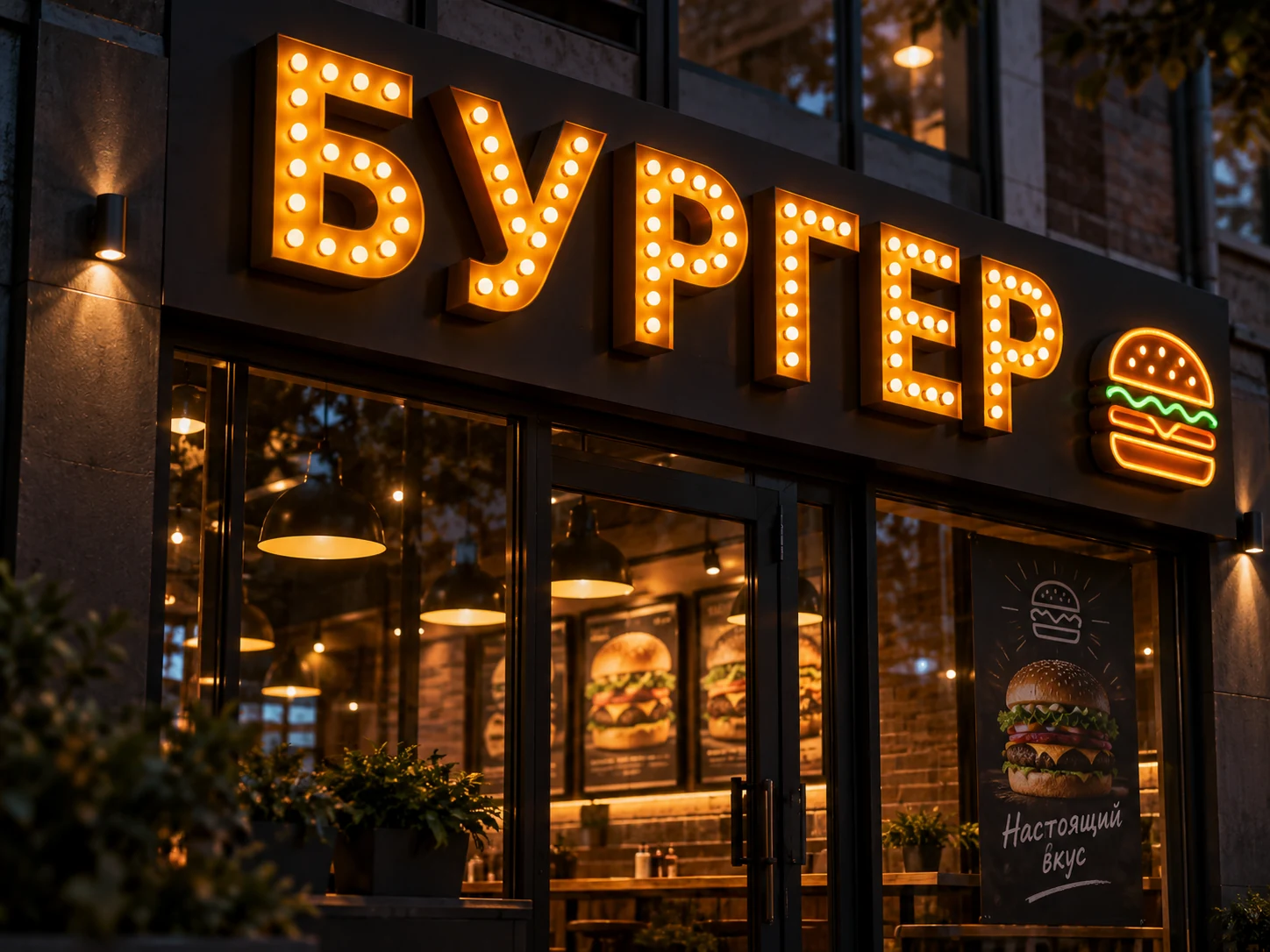 Пиксельные буквы с открытыми диодами на фасаде бургерной