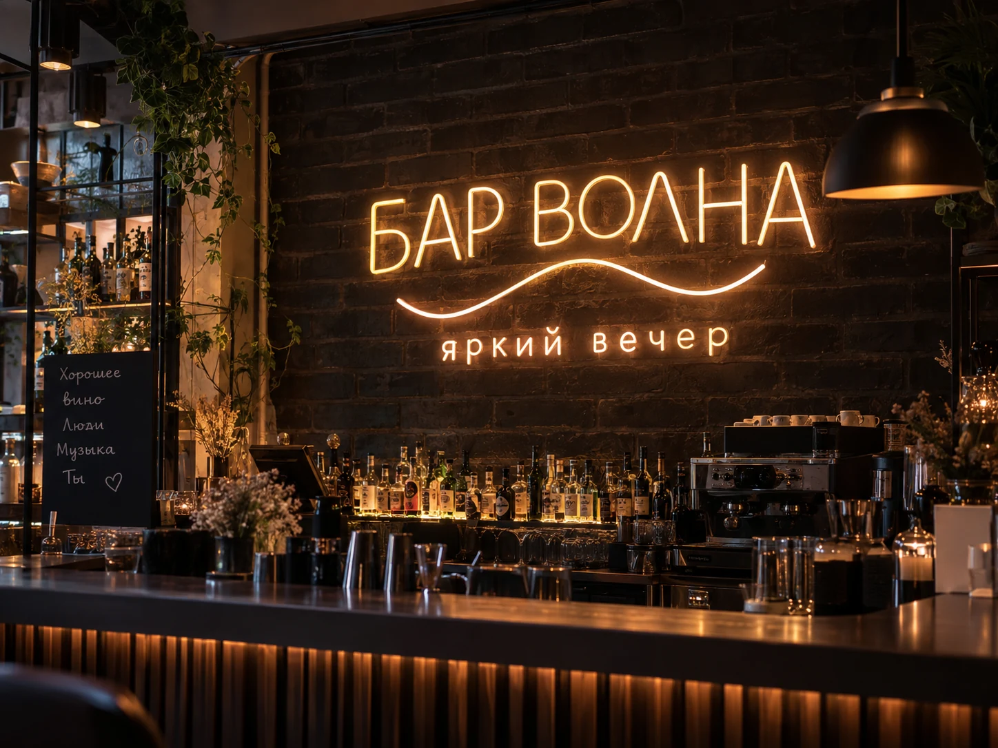 Неоновая вывеска в интерьере бара