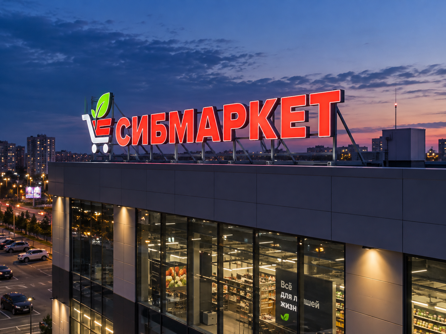 Световая крышная вывеска СИБМАРКЕТ