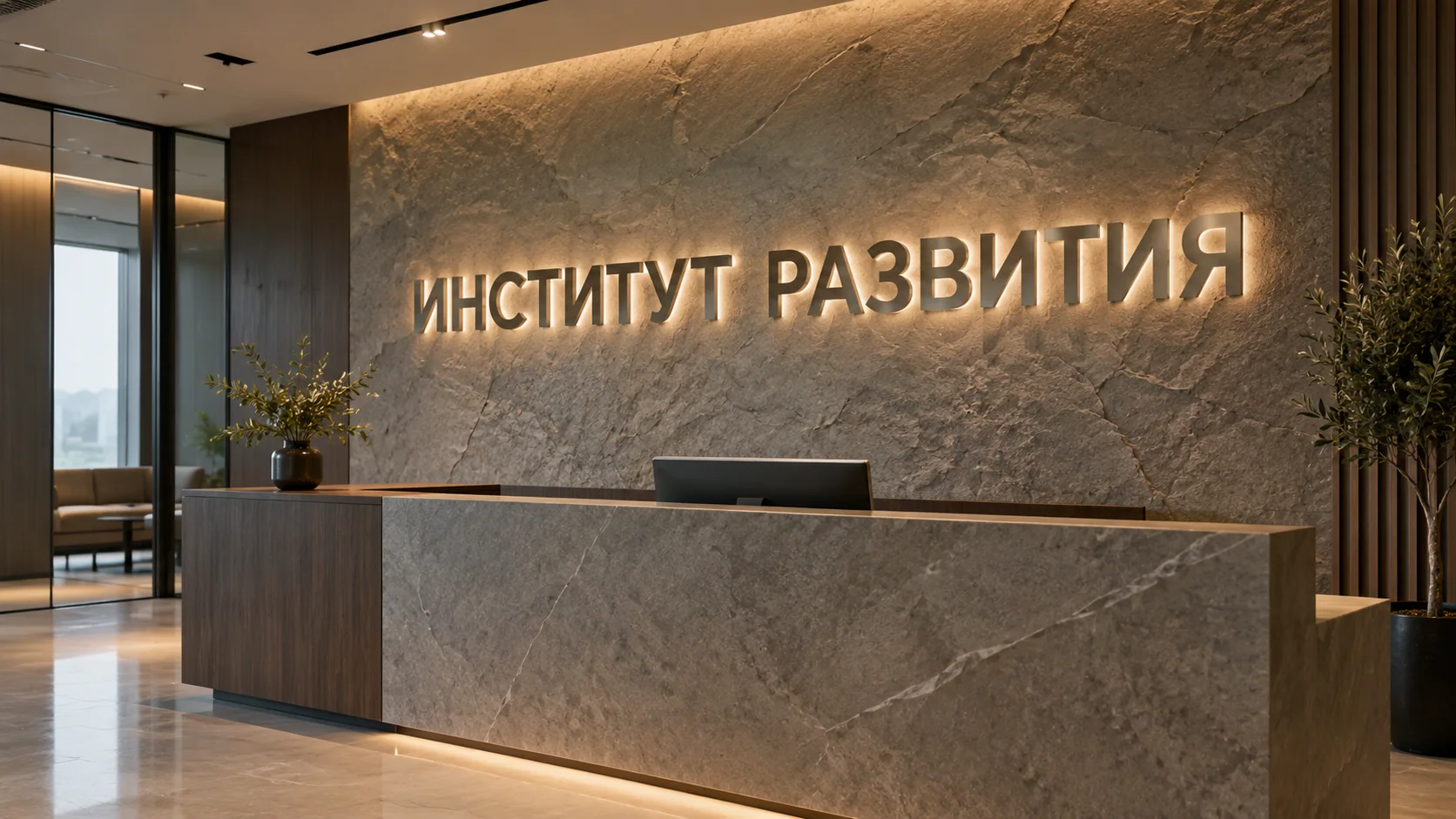 Металлические буквы с контражурной подсветкой в интерьере ресепшена