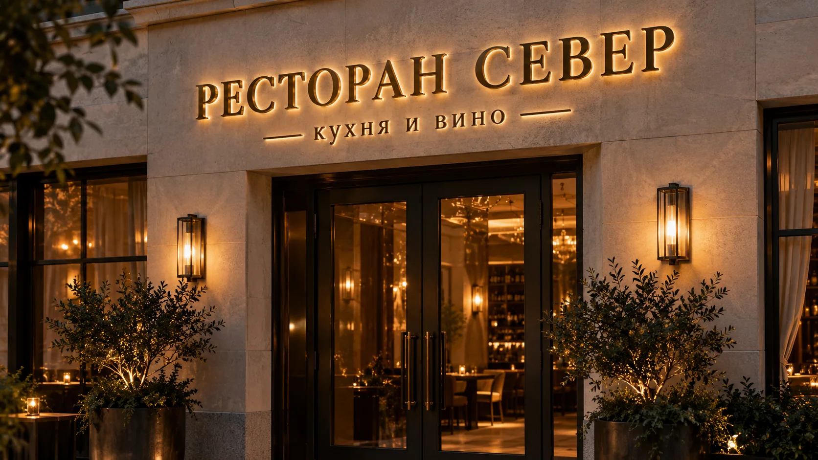 Золотистые металлические буквы с подсветкой на фасаде ресторана